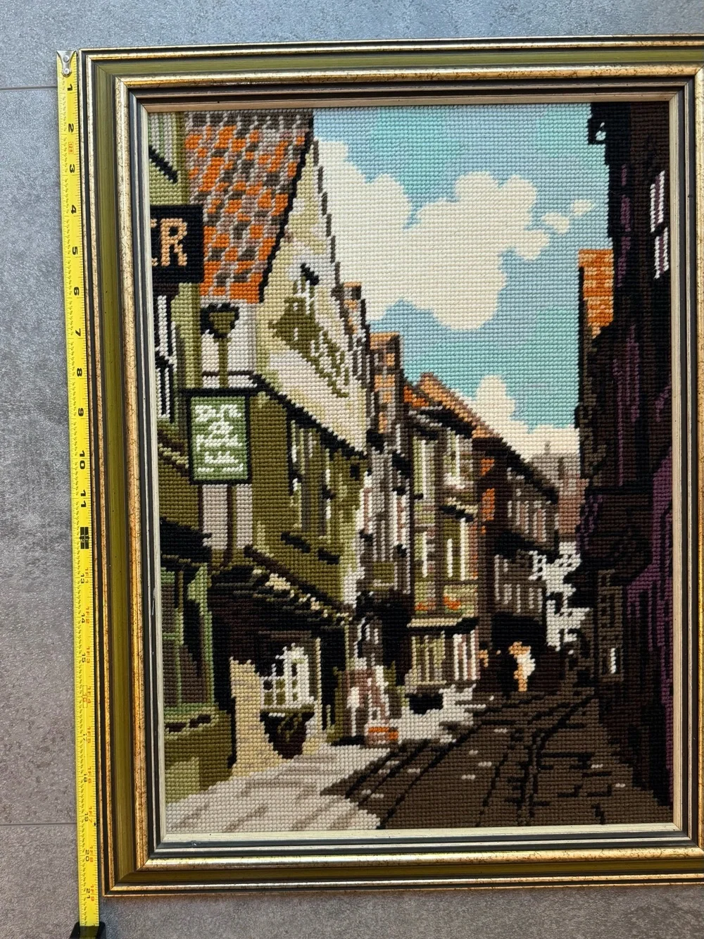 Vintage Needlepoint Street Scene Wall Art in Blue, Green, Brown